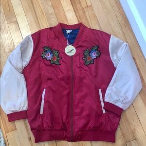 Hayden LA Floral Embroidered Bomber Jacket - Red and Cream - Size Large